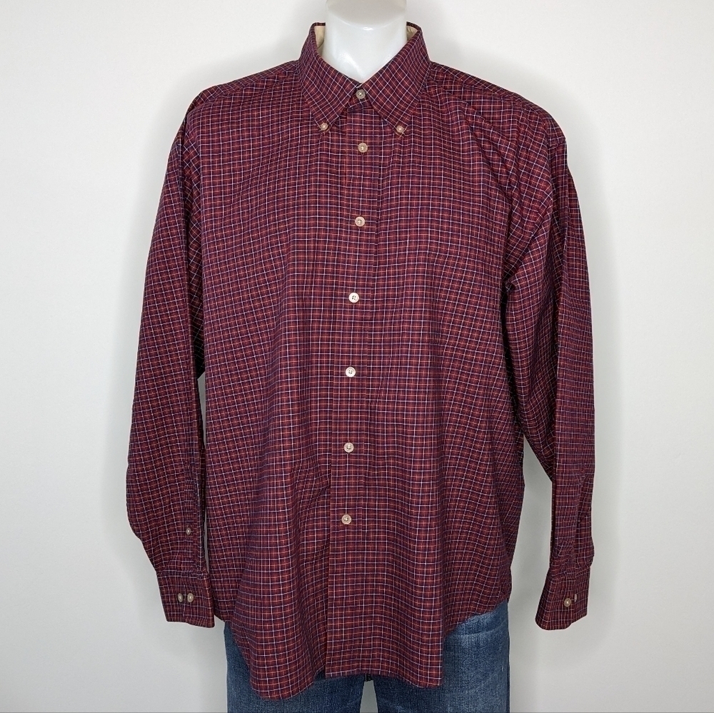 Haggar Forever New red blue plaid 100% cotton button up XL